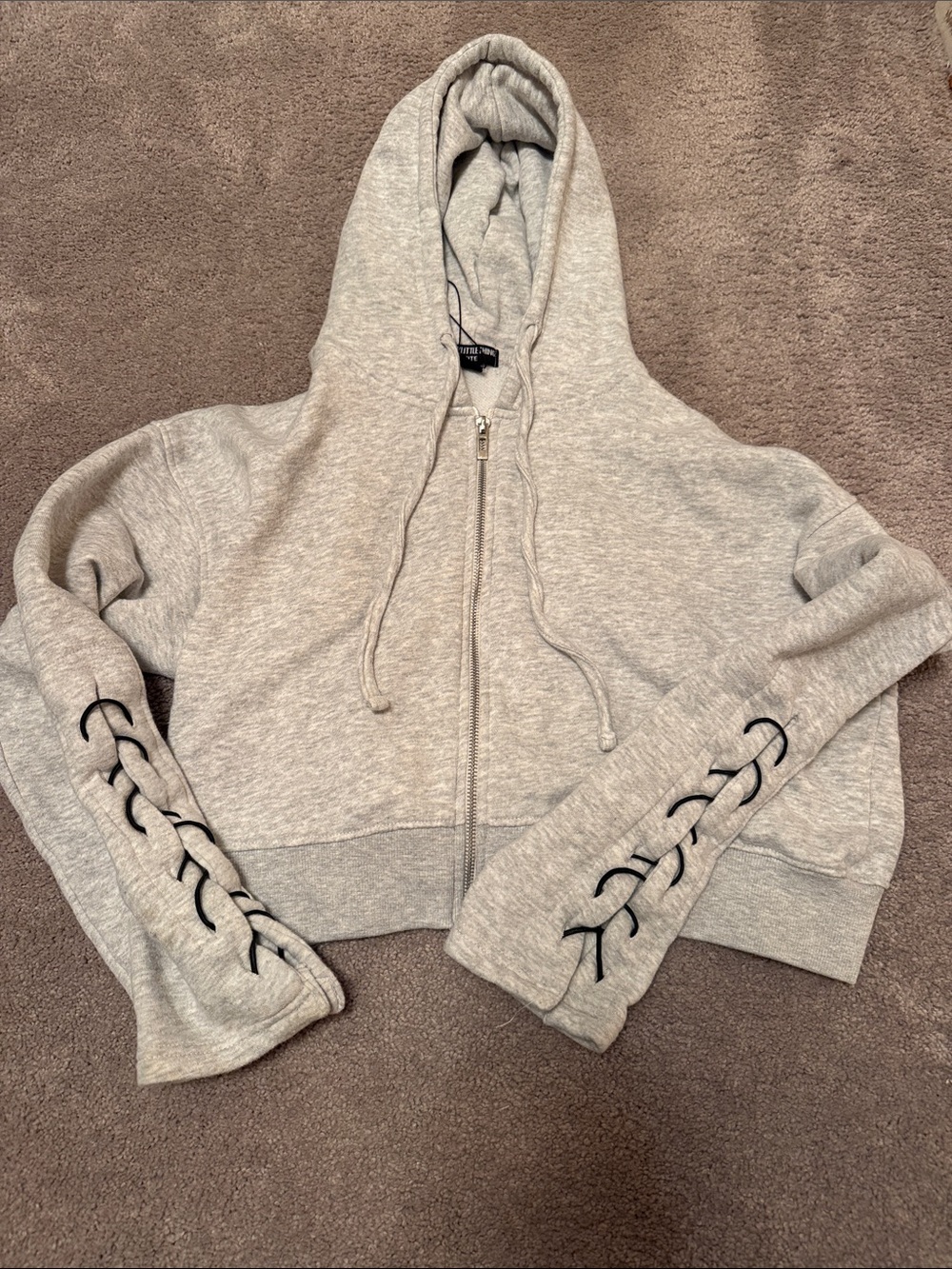 PrettyLittleThing Light Gray Lace-Up Sleeve Zip Hoodie